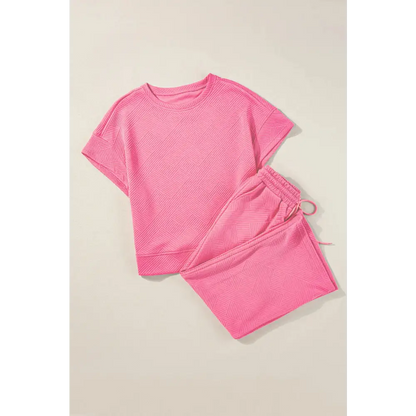 Textured Loose Fit T Shirt & Drawstring Pants Set.
