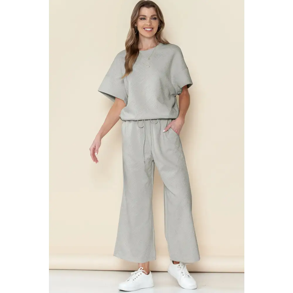 Textured Loose Fit T Shirt & Drawstring Pants Set.