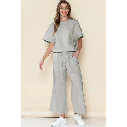 Textured Loose Fit T Shirt & Drawstring Pants Set.