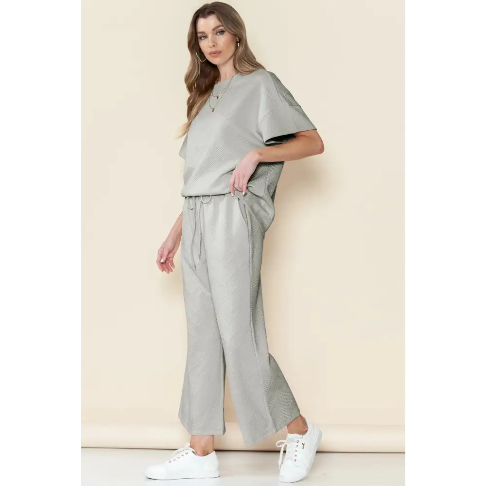 Textured Loose Fit T Shirt & Drawstring Pants Set.