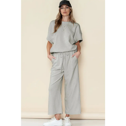 Textured Loose Fit T Shirt & Drawstring Pants Set.