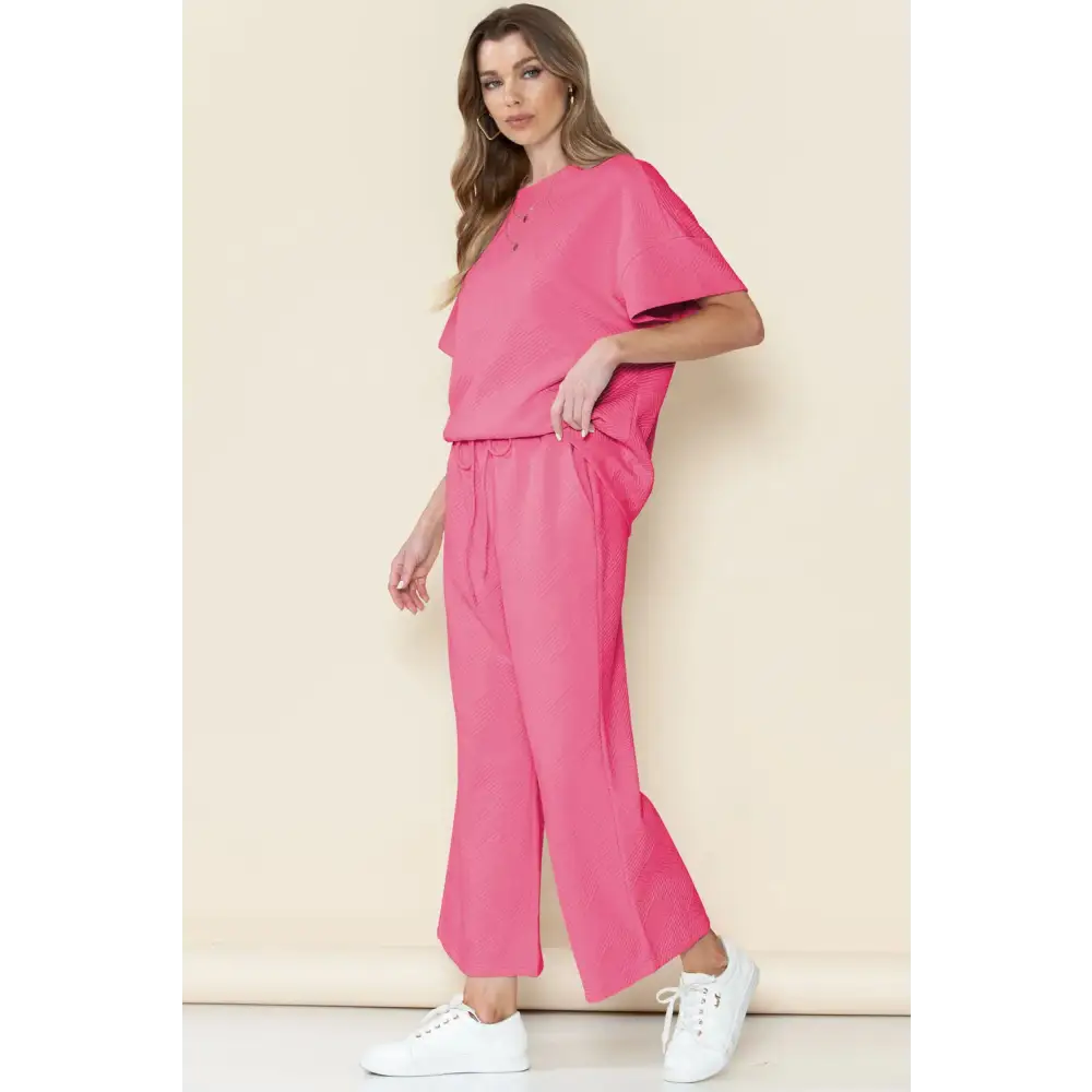 Textured Loose Fit T Shirt & Drawstring Pants Set.