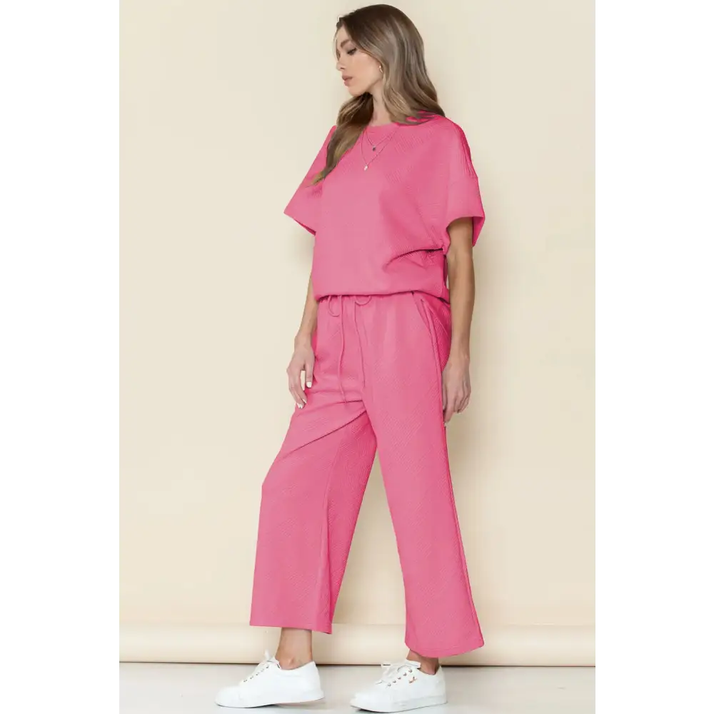 Textured Loose Fit T Shirt & Drawstring Pants Set.