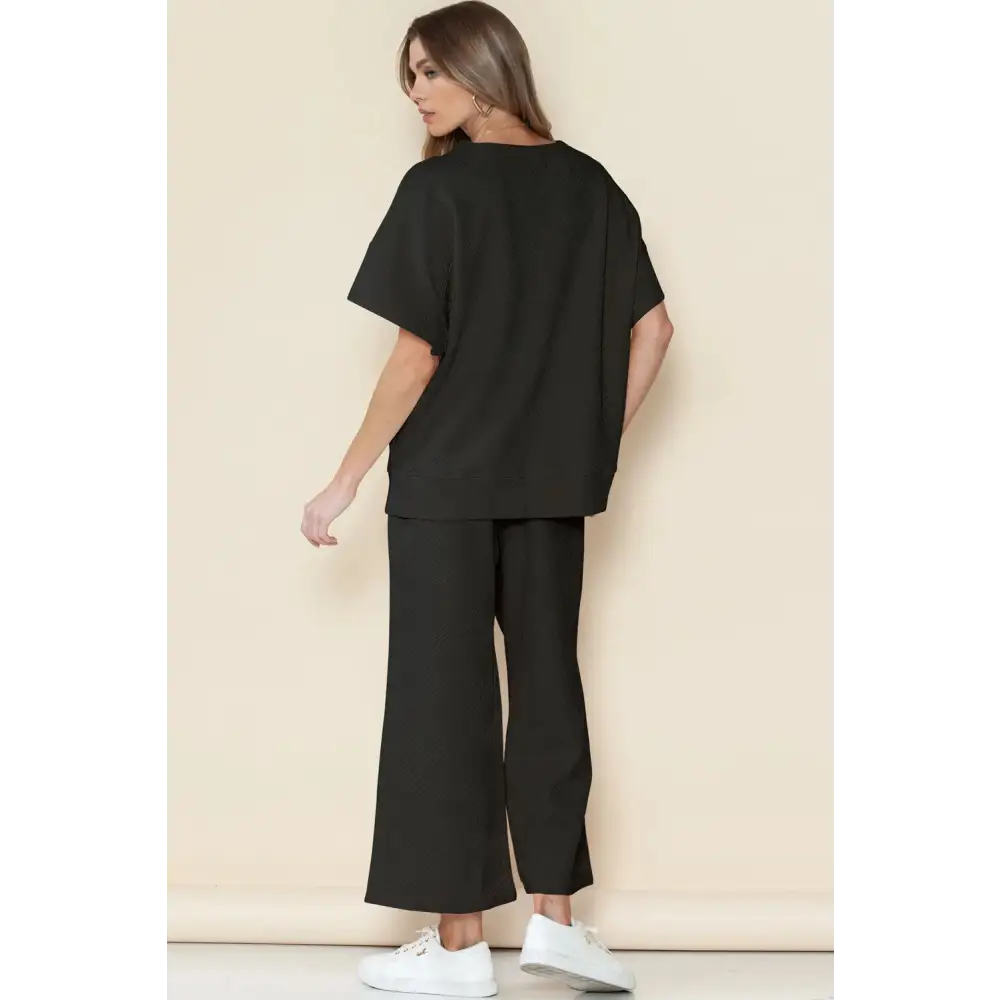 Textured Loose Fit T Shirt & Drawstring Pants Set.