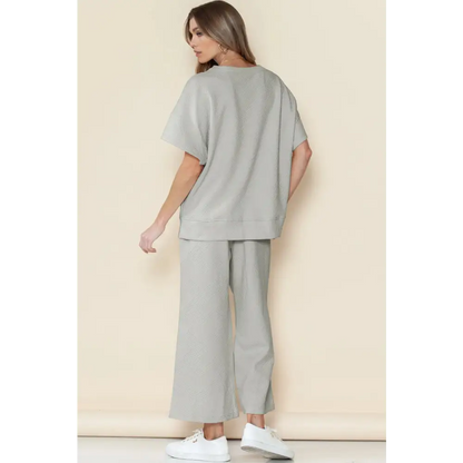 Textured Loose Fit T Shirt & Drawstring Pants Set.