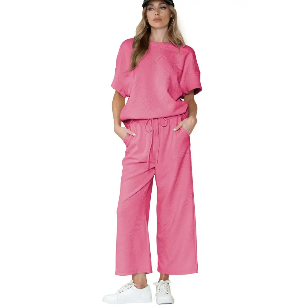 Textured Loose Fit T Shirt & Drawstring Pants Set.