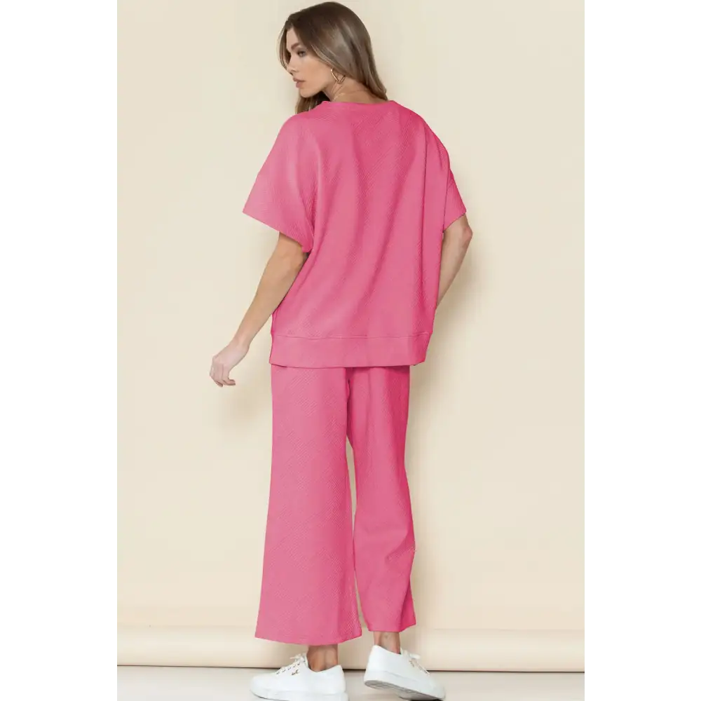 Textured Loose Fit T Shirt & Drawstring Pants Set.