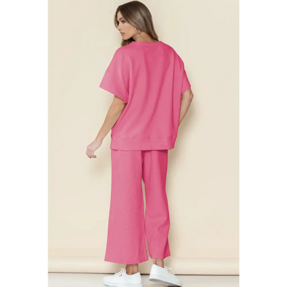 Textured Loose Fit T Shirt & Drawstring Pants Set.