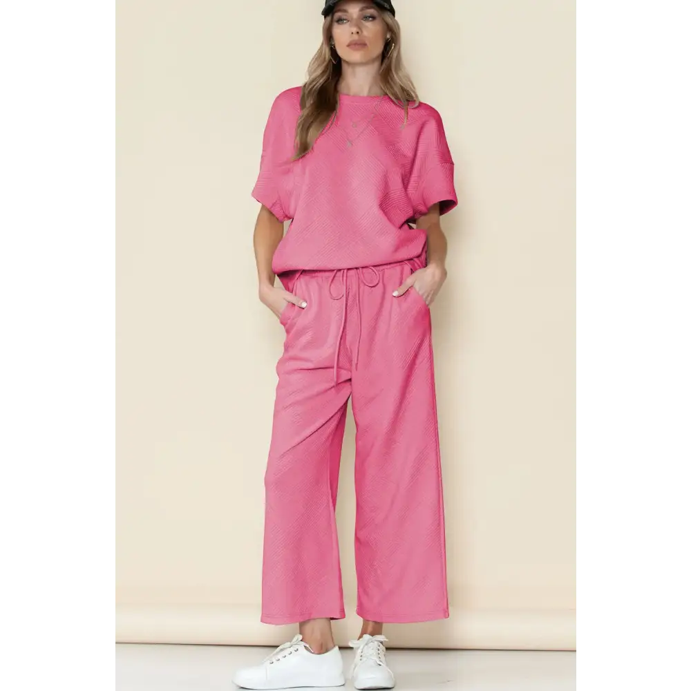 Textured Loose Fit T Shirt & Drawstring Pants Set.