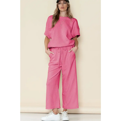 Textured Loose Fit T Shirt & Drawstring Pants Set.