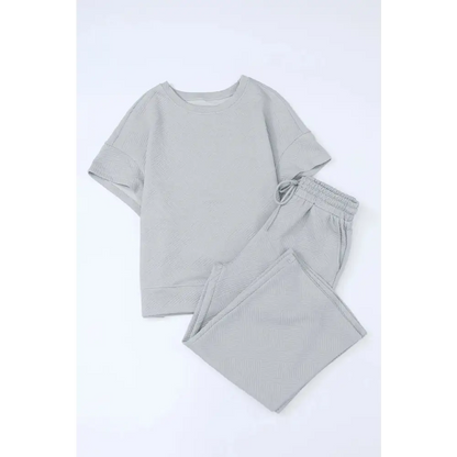 Textured Loose Fit T Shirt & Drawstring Pants Set.