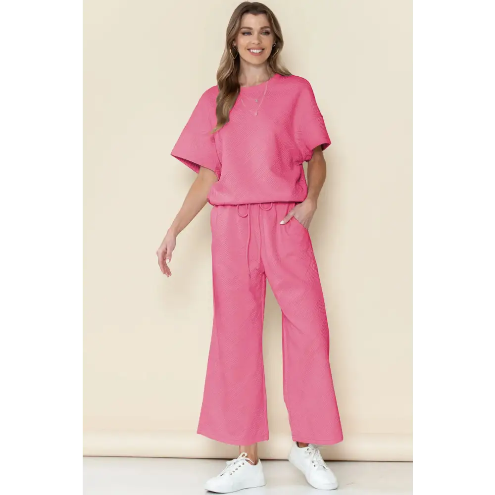 Textured Loose Fit T Shirt & Drawstring Pants Set.