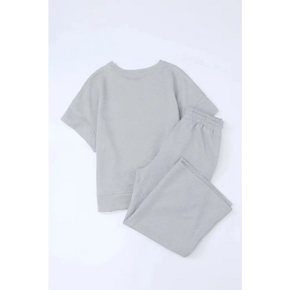 Textured Loose Fit T Shirt & Drawstring Pants Set.