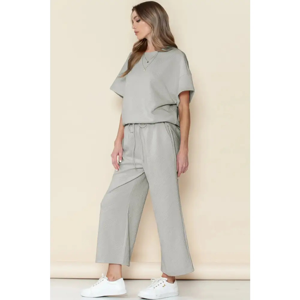 Textured Loose Fit T Shirt & Drawstring Pants Set.