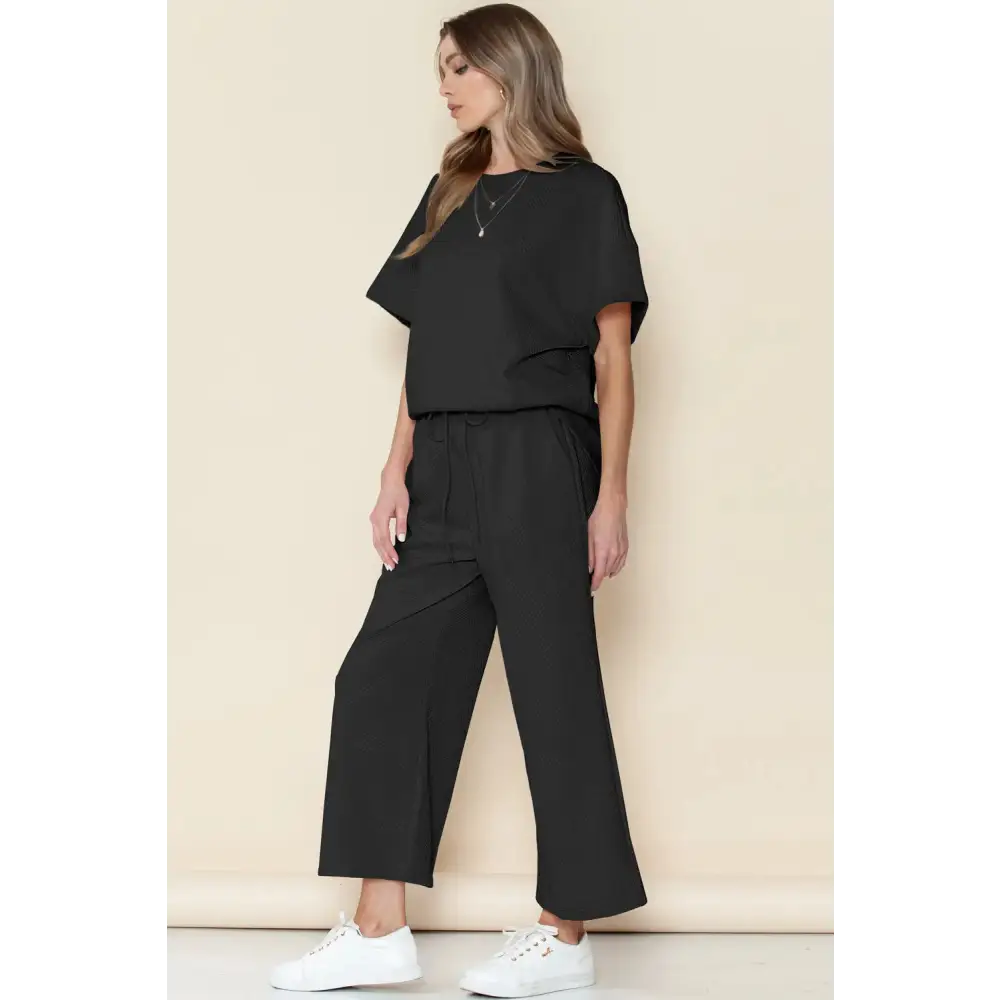 Textured Loose Fit T Shirt & Drawstring Pants Set.