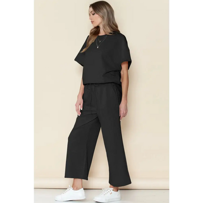 Textured Loose Fit T Shirt & Drawstring Pants Set.
