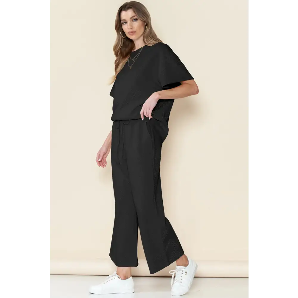 Textured Loose Fit T Shirt & Drawstring Pants Set.