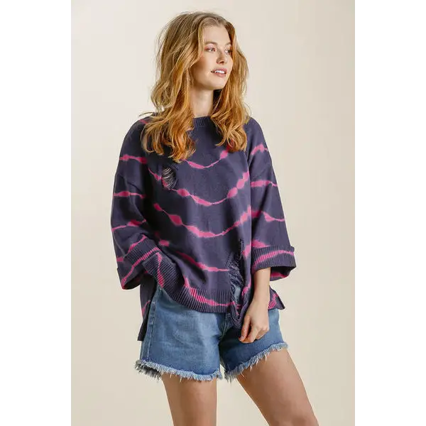 Tie Dye Side Slit Round Neck Distressed Detail Sweater.