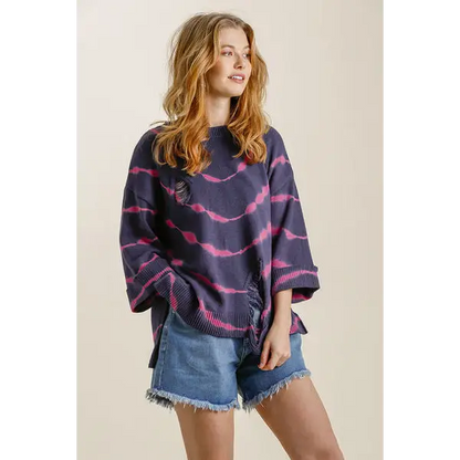 Tie Dye Side Slit Round Neck Distressed Detail Sweater.