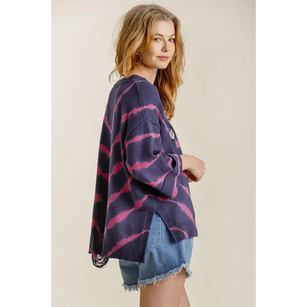 Tie Dye Side Slit Round Neck Distressed Detail Sweater.