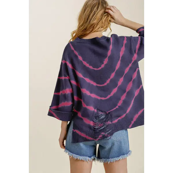 Tie Dye Side Slit Round Neck Distressed Detail Sweater.