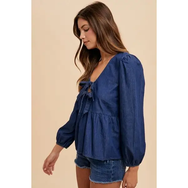Tie Front Peplum Long Sleeve Denim Top.