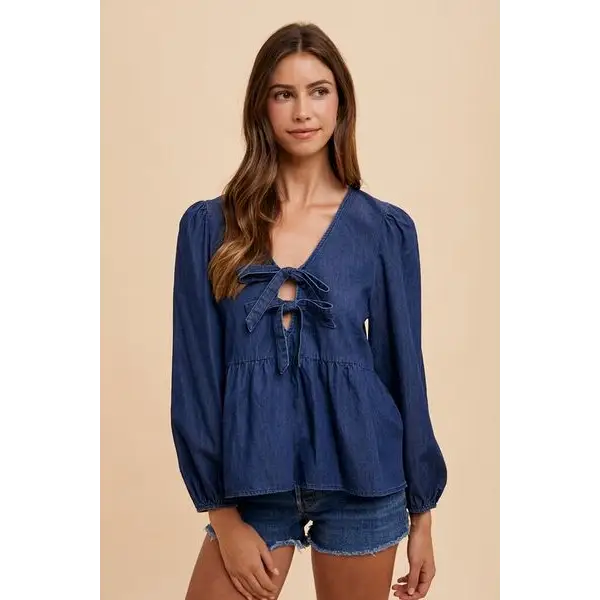 Tie Front Peplum Long Sleeve Denim Top.