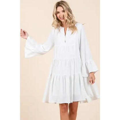 Tiered Notched Flare Sleeve Dress.