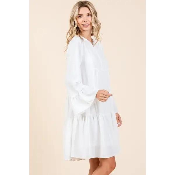 Tiered Notched Flare Sleeve Dress.
