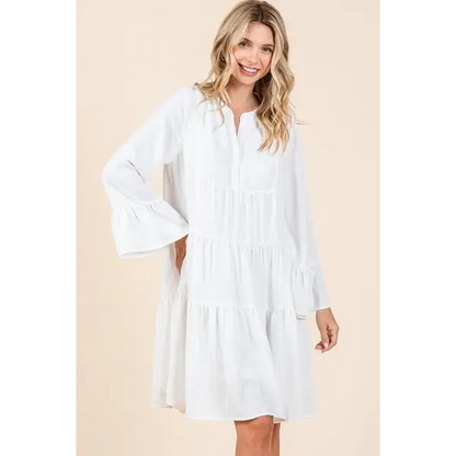 Tiered Notched Flare Sleeve Dress.