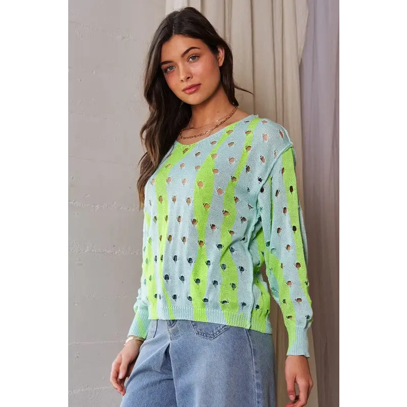 Two-Tone Ribbed Hem Openwork Knit Top.
