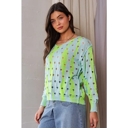 Two-Tone Ribbed Hem Openwork Knit Top.