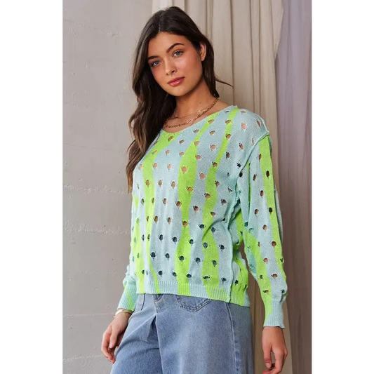 Two-Tone Ribbed Hem Openwork Knit Top.
