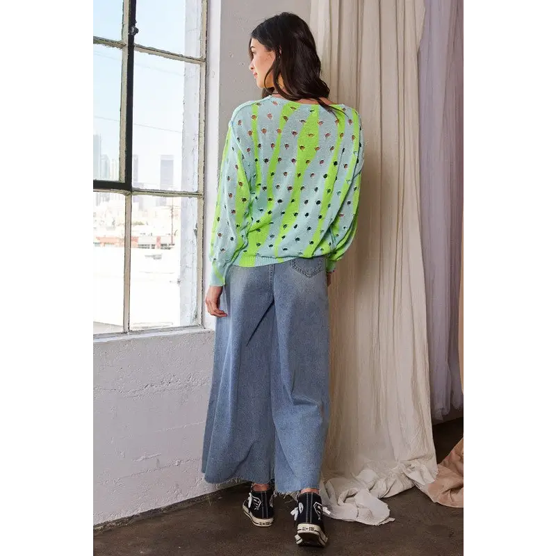 Two-Tone Ribbed Hem Openwork Knit Top.