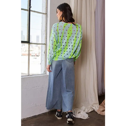 Two-Tone Ribbed Hem Openwork Knit Top.