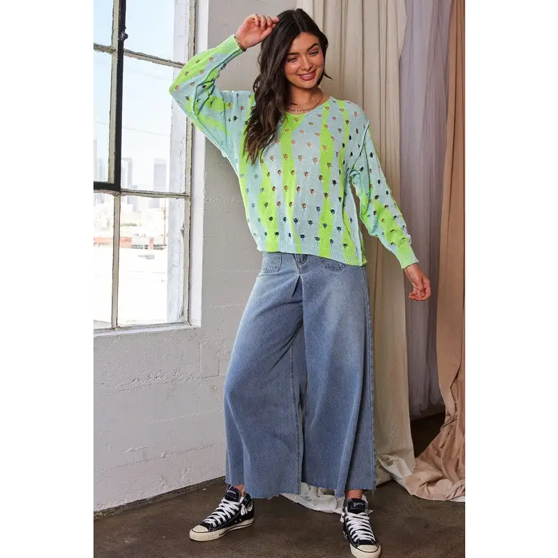 Two-Tone Ribbed Hem Openwork Knit Top.