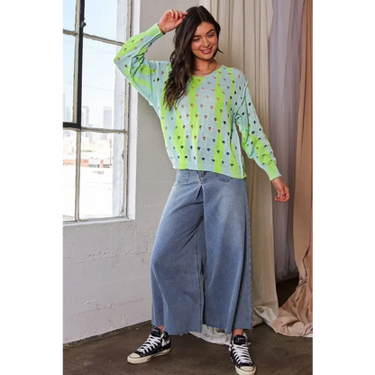 Two-Tone Ribbed Hem Openwork Knit Top.
