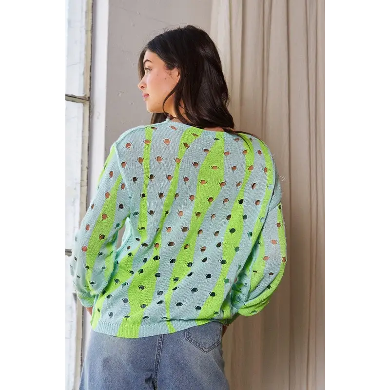 Two-Tone Ribbed Hem Openwork Knit Top.
