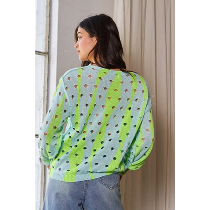 Two-Tone Ribbed Hem Openwork Knit Top.