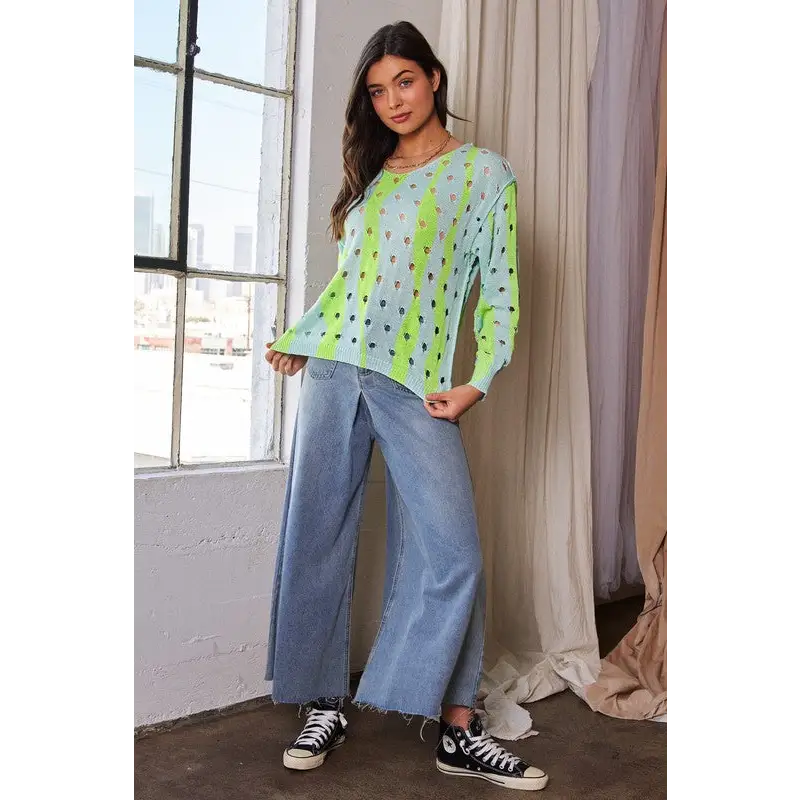 Two-Tone Ribbed Hem Openwork Knit Top.