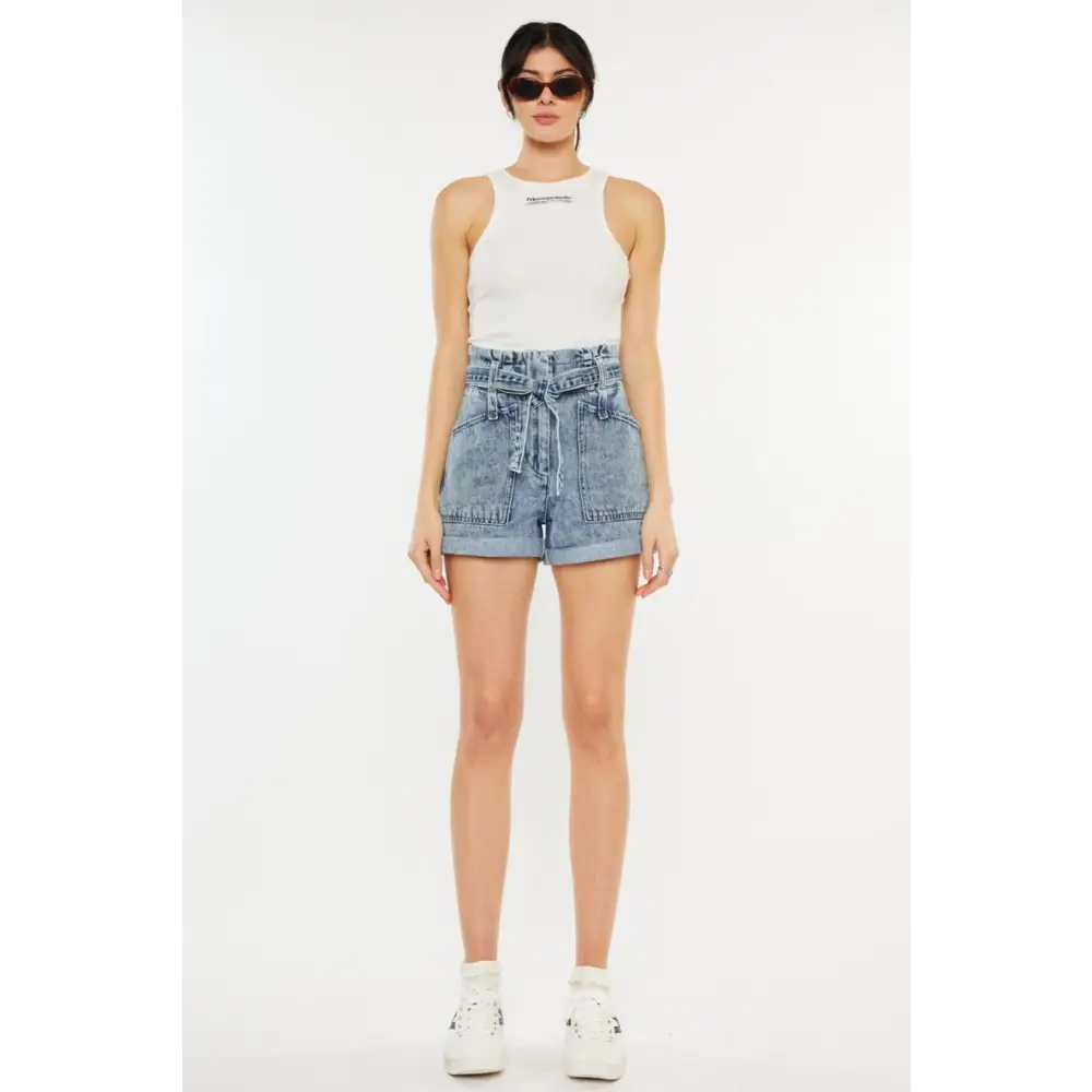Ultra High Rise Paperbag Denim Shorts.