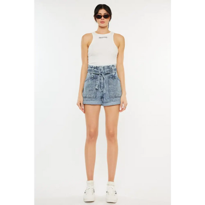 Ultra High Rise Paperbag Denim Shorts.