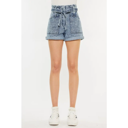 Ultra High Rise Paperbag Denim Shorts.