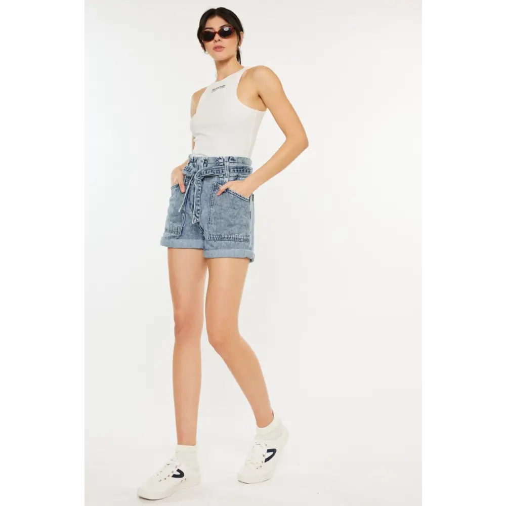 Ultra High Rise Paperbag Denim Shorts.