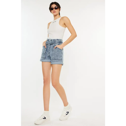 Ultra High Rise Paperbag Denim Shorts.