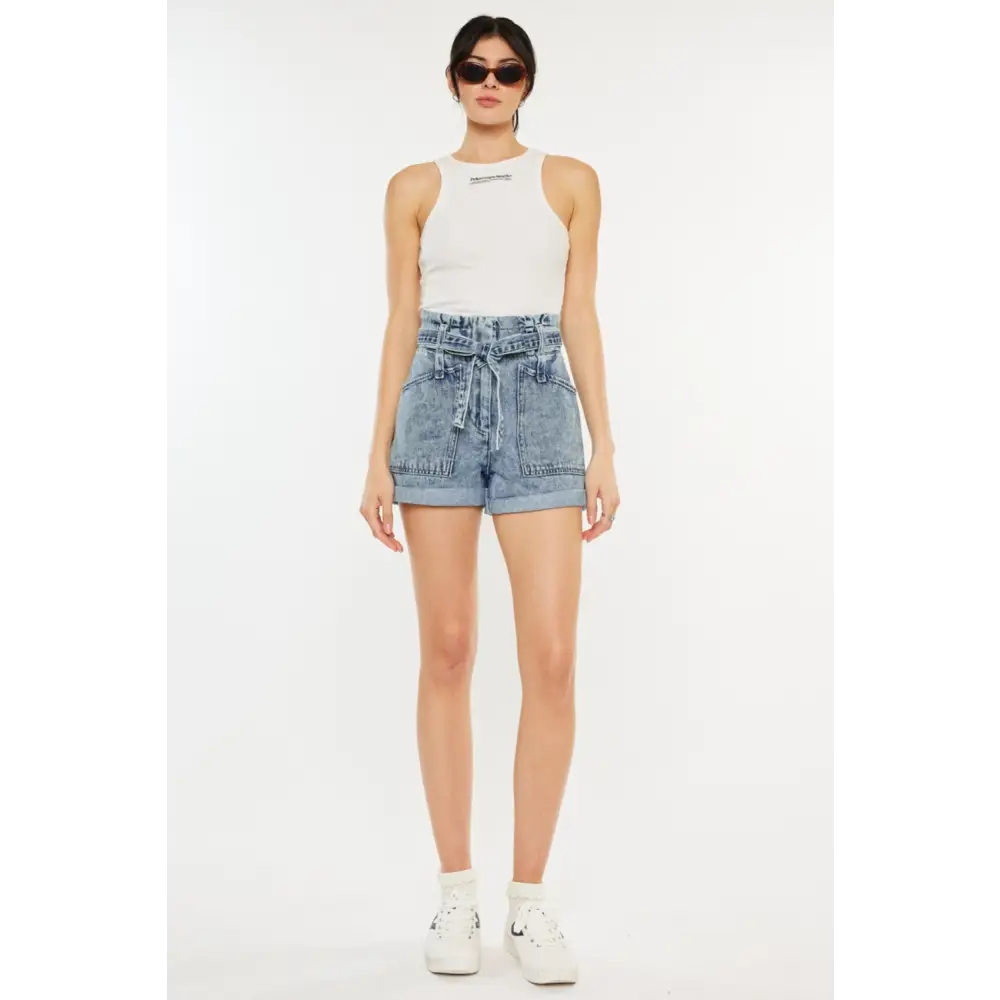 Ultra High Rise Paperbag Denim Shorts.