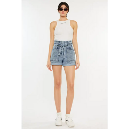 Ultra High Rise Paperbag Denim Shorts.