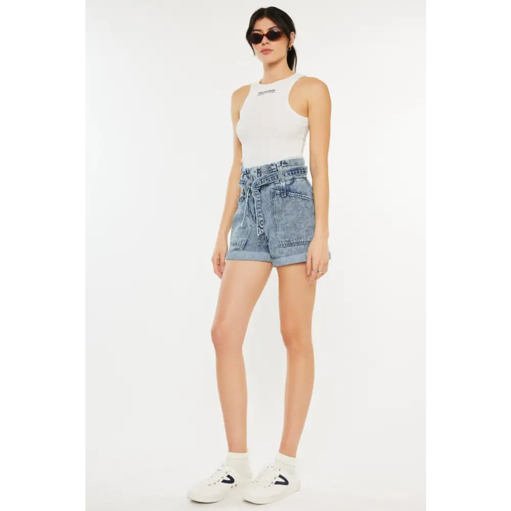 Ultra High Rise Paperbag Denim Shorts.