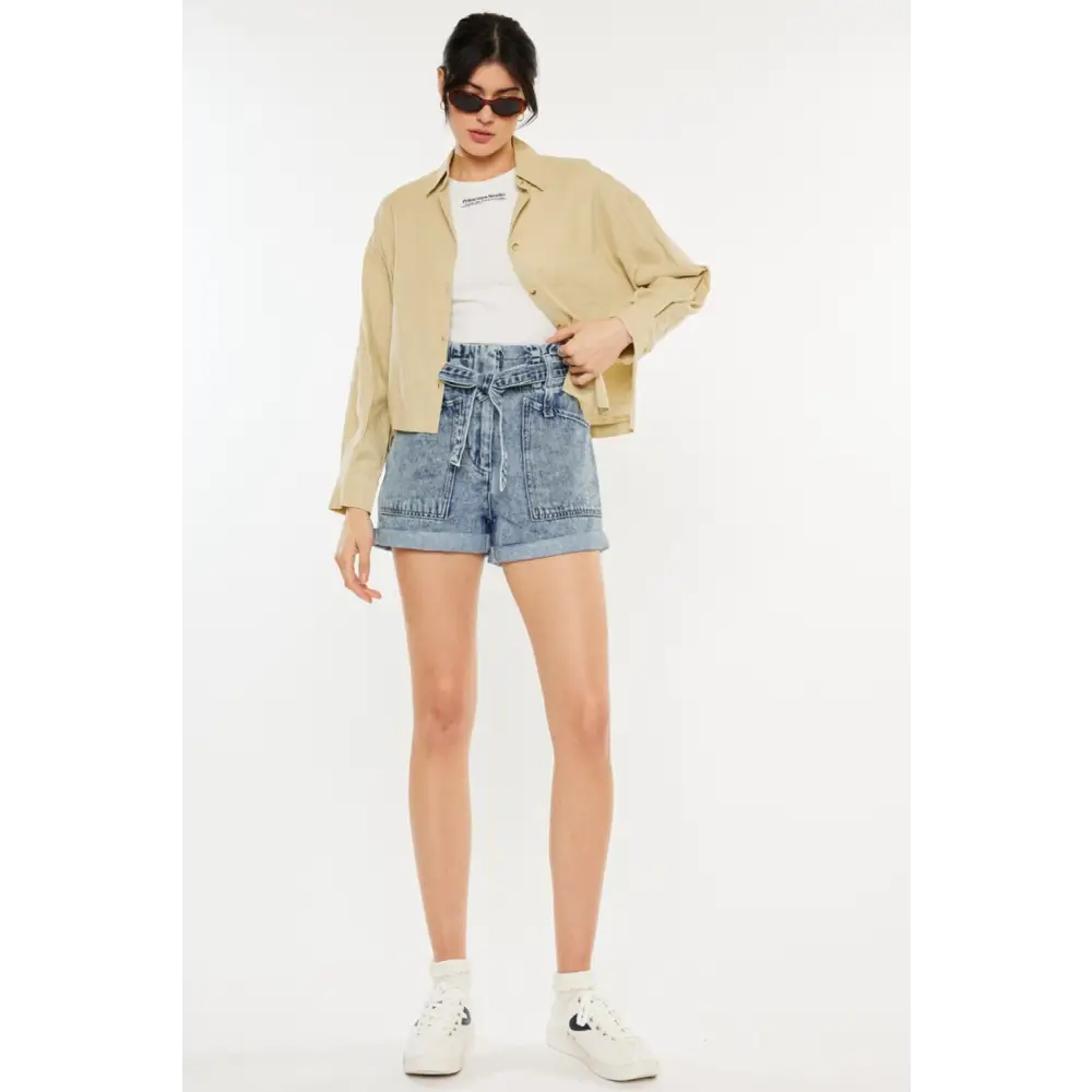 Ultra High Rise Paperbag Denim Shorts.