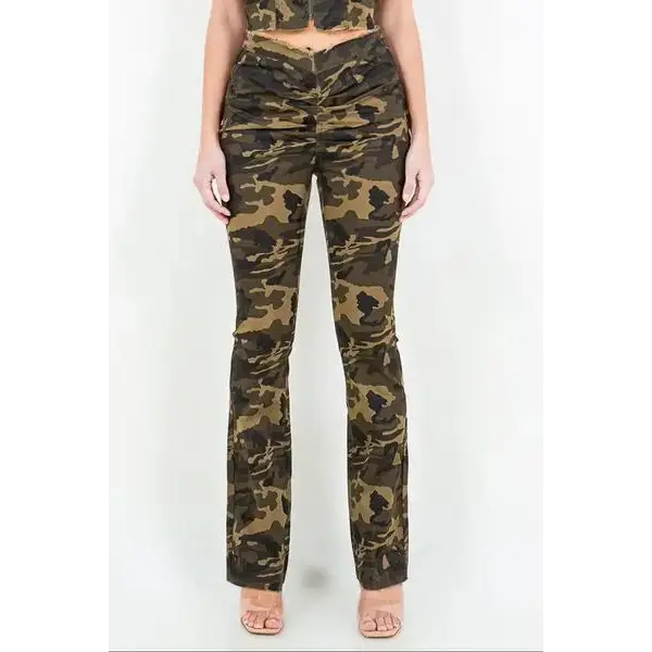 V-Cut Ruched Camo Flare Pants.